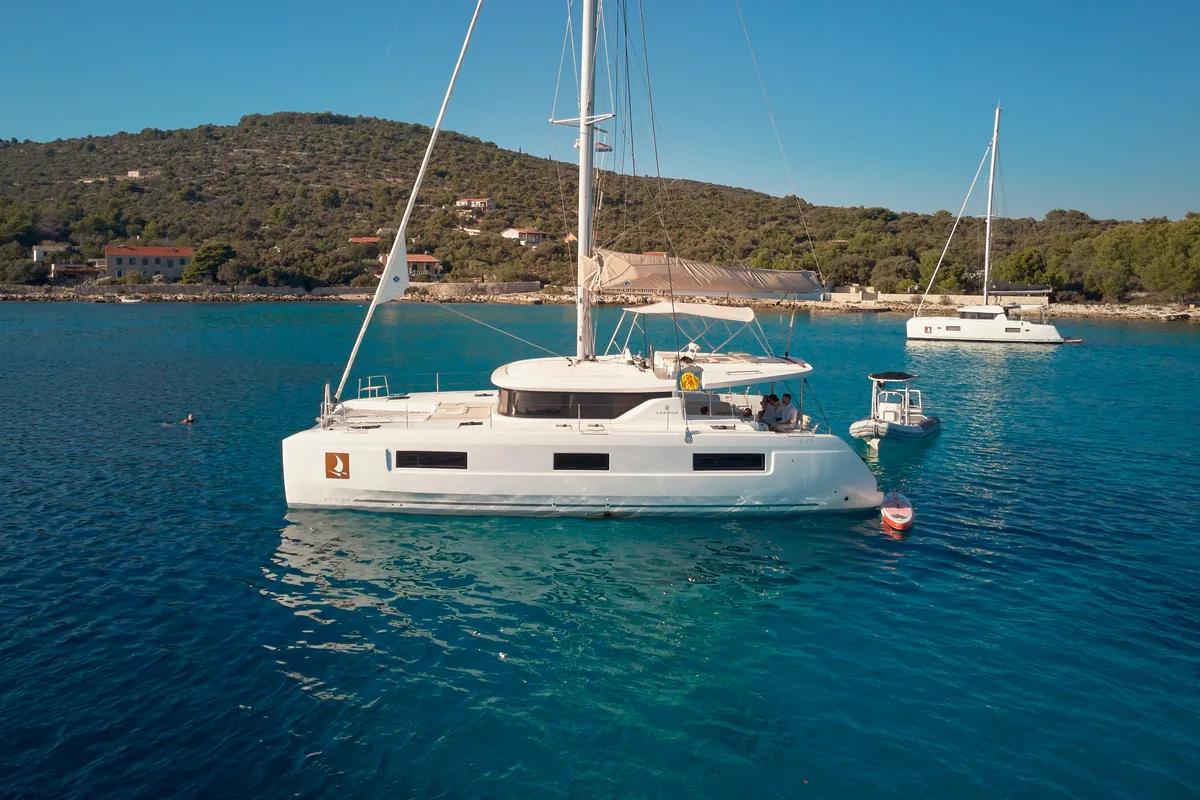 Exterior view of LUNA, a Lagoon 46 catamaran at Grad Trogir, Croatia