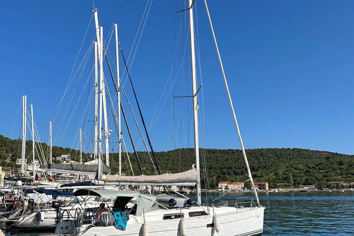 Exterior view of Mara, a Hanse Yachts Hanse 400 sailboat at Seget Donji, Croatia