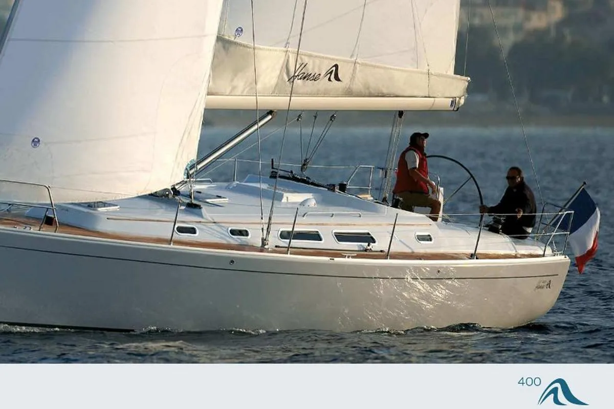 Exterior view of Mara, a Hanse Yachts Hanse 400 sailboat at Seget Donji, Croatia