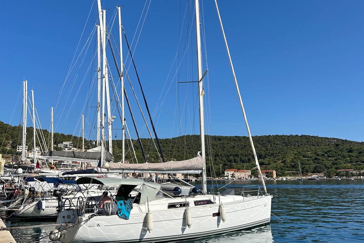 Exterior view of Mara, a Hanse Yachts Hanse 400 sailboat at Seget Donji, Croatia