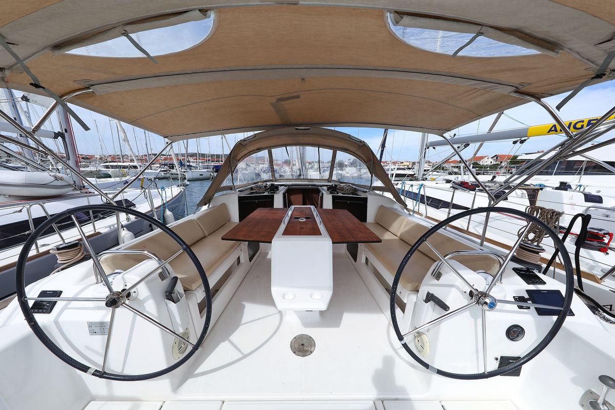 Cockpit of Themisto, a Dufour 412 GL sailboat at Grad Biograd na Moru, Croatia