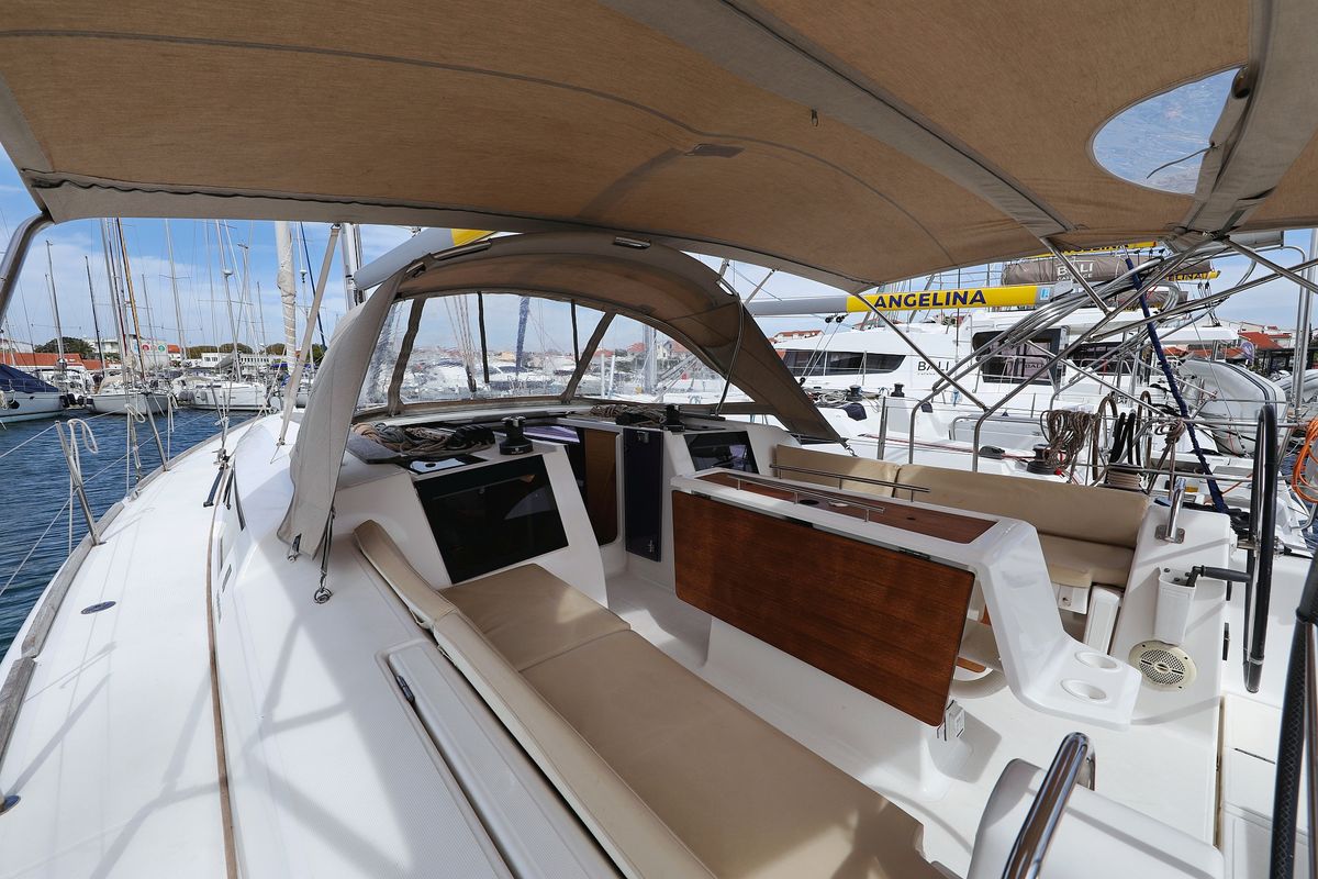 Deck of Themisto, a Dufour 412 GL sailboat at Grad Biograd na Moru, Croatia