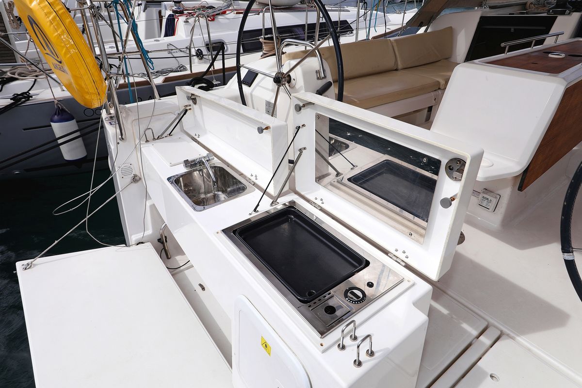 Deck of Themisto, a Dufour 412 GL sailboat at Grad Biograd na Moru, Croatia