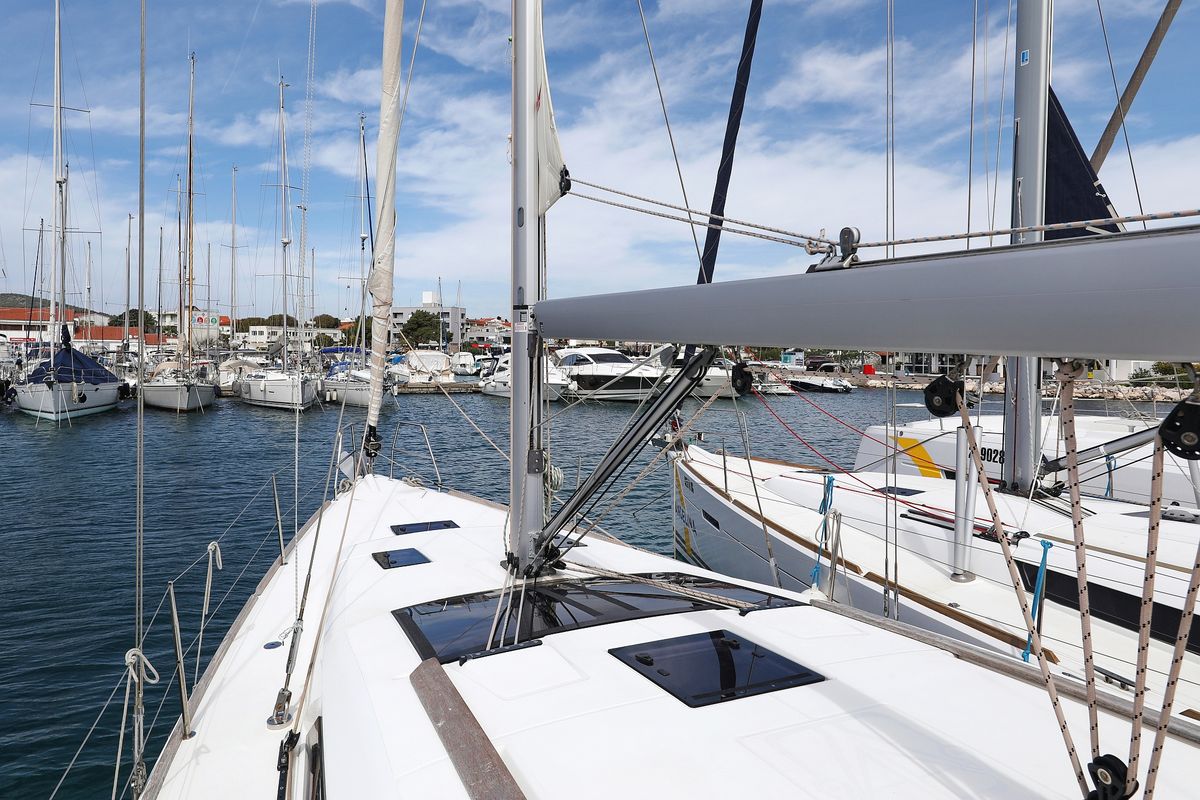 Exterior view of Themisto, a Dufour 412 GL sailboat at Grad Biograd na Moru, Croatia