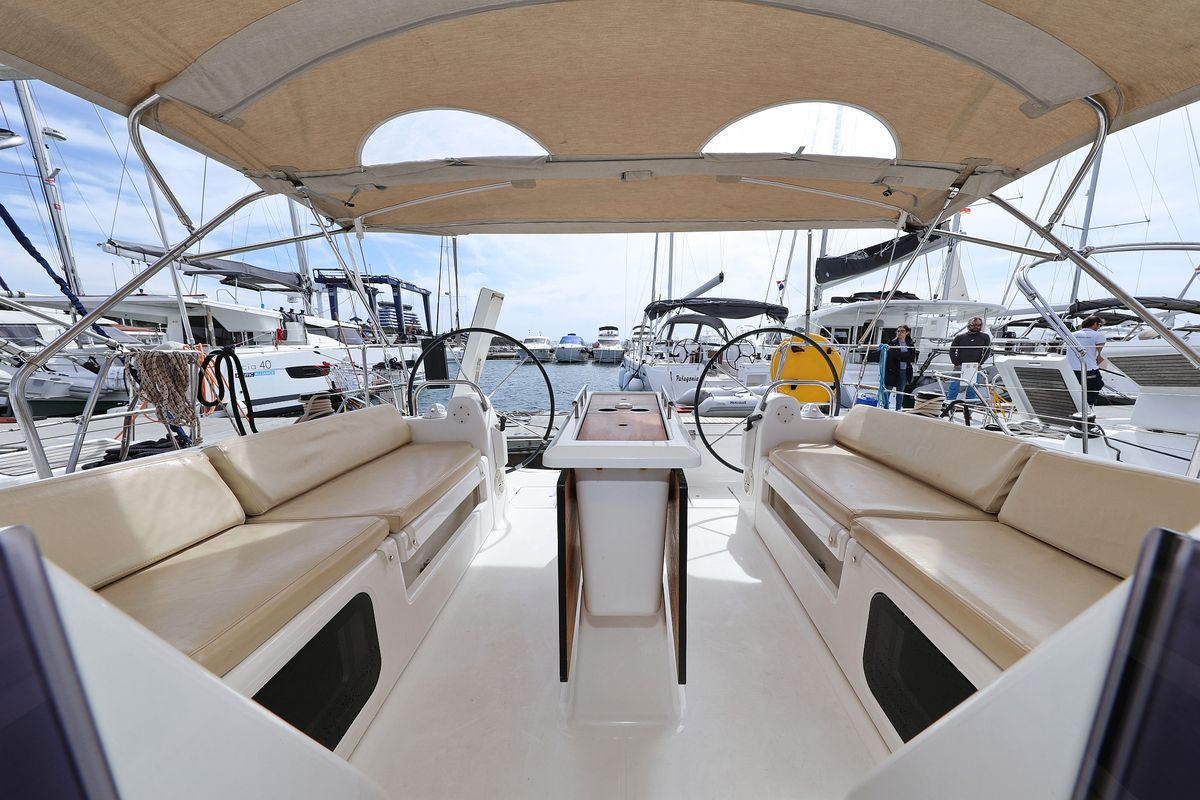 Cockpit of Themisto, a Dufour 412 GL sailboat at Grad Biograd na Moru, Croatia
