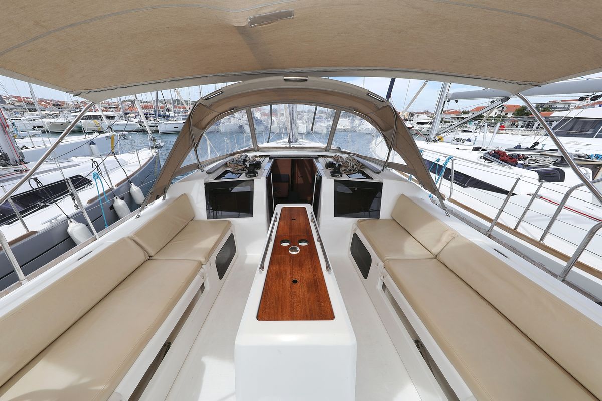 Deck of Themisto, a Dufour 412 GL sailboat at Grad Biograd na Moru, Croatia