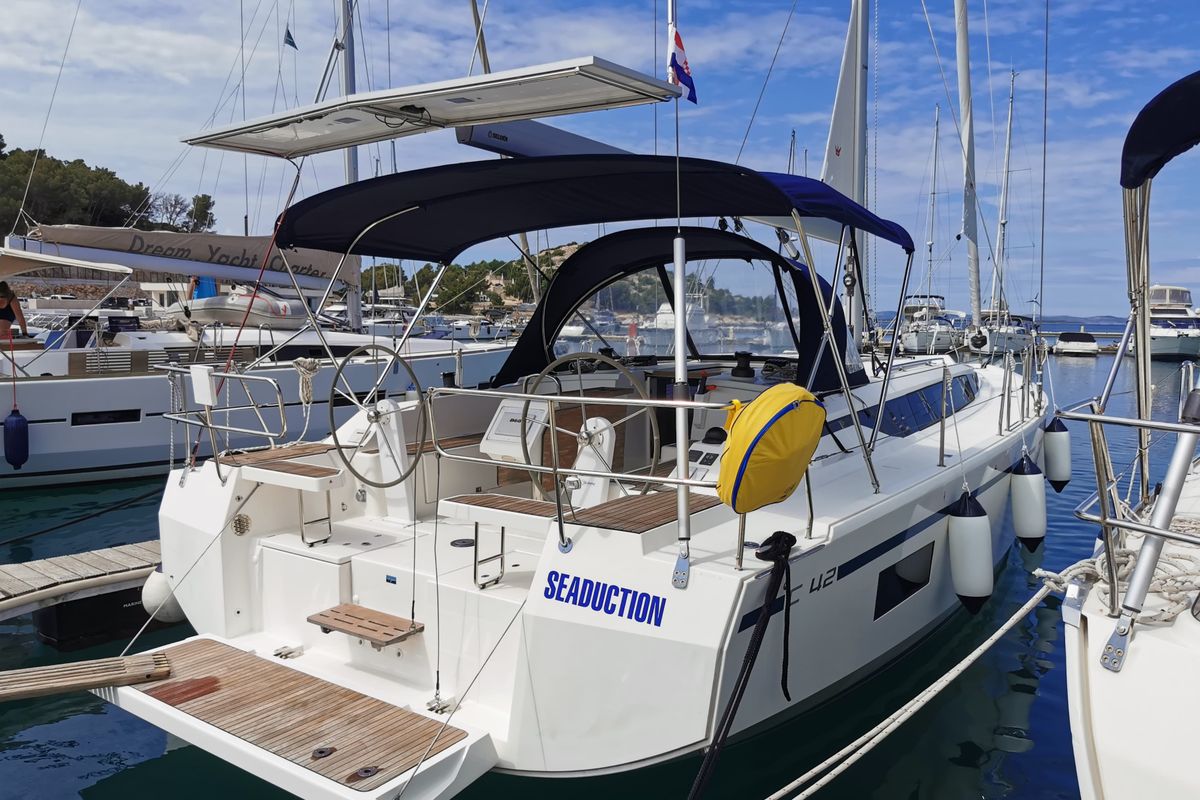 Exterior view of Seaduction, a Bavaria C42 sailboat at Općina Pakoštane, Croatia