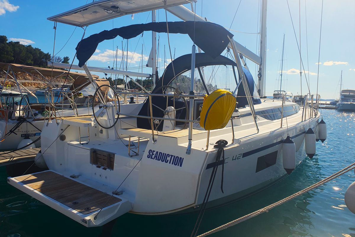 Exterior view of Seaduction, a Bavaria C42 sailboat at Općina Pakoštane, Croatia