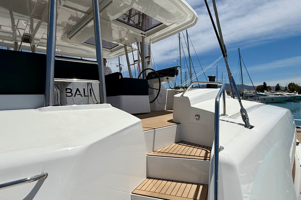 Cockpit of Romar V, a Bali 5.8 catamaran at Athens, Greece