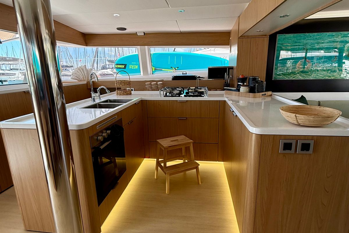 Galley of Romar V, a Bali 5.8 catamaran at Athens, Greece