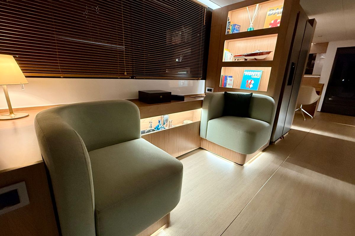 Salon of Romar V, a Bali 5.8 catamaran at Athens, Greece
