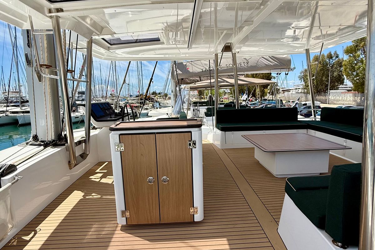 Deck of Romar V, a Bali 5.8 catamaran at Athens, Greece
