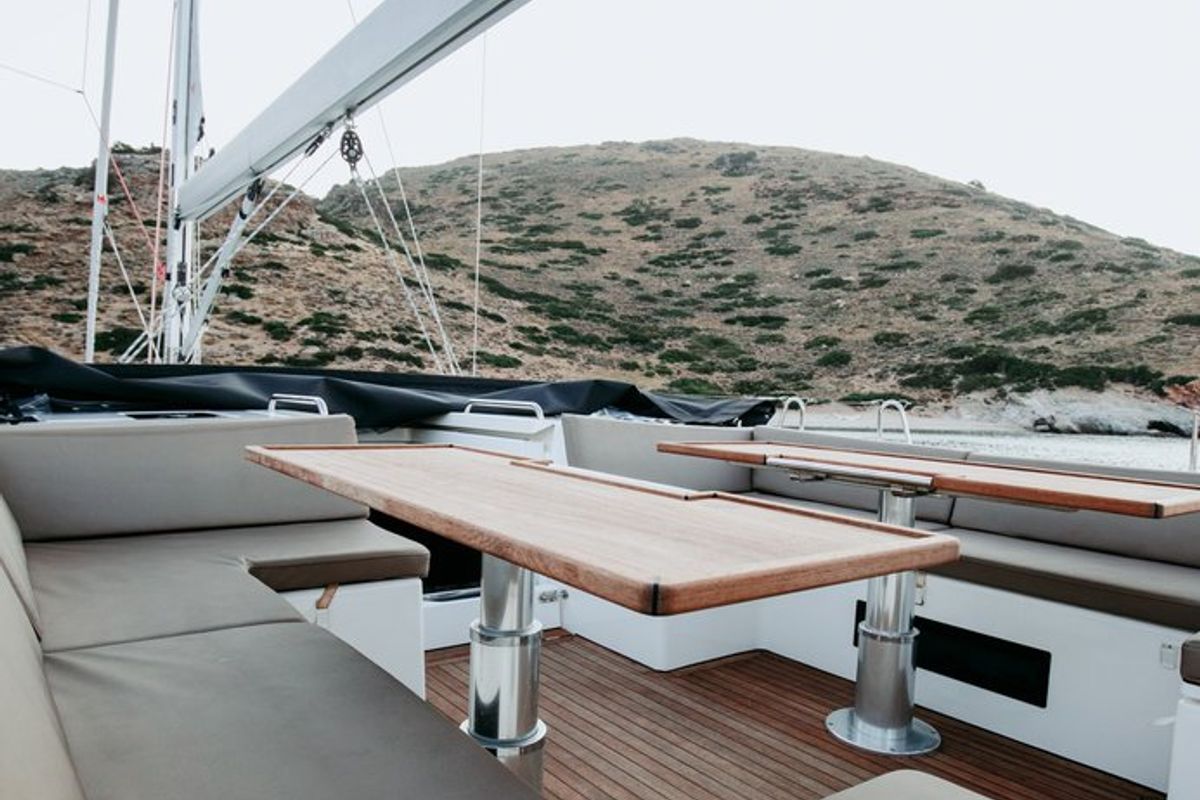 Deck of Elli, a Bavaria C57 sailboat at Athens, Greece