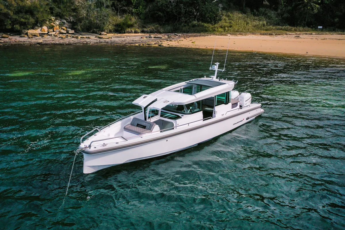 Exterior view of AMA, a Axopar 37 XC Cross Cabin motorboat at Municipality of Kalamata, Greece