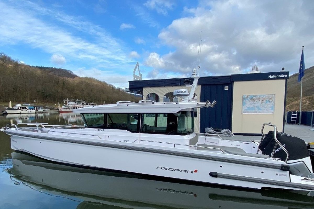 Exterior view of AMA, a Axopar 37 XC Cross Cabin motorboat at Municipality of Kalamata, Greece