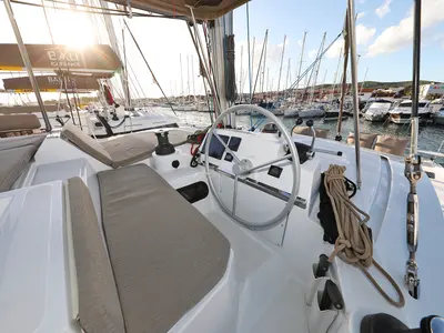 Cockpit of Air Space, a Bali 4.2 catamaran at Grad Vodice, Croatia