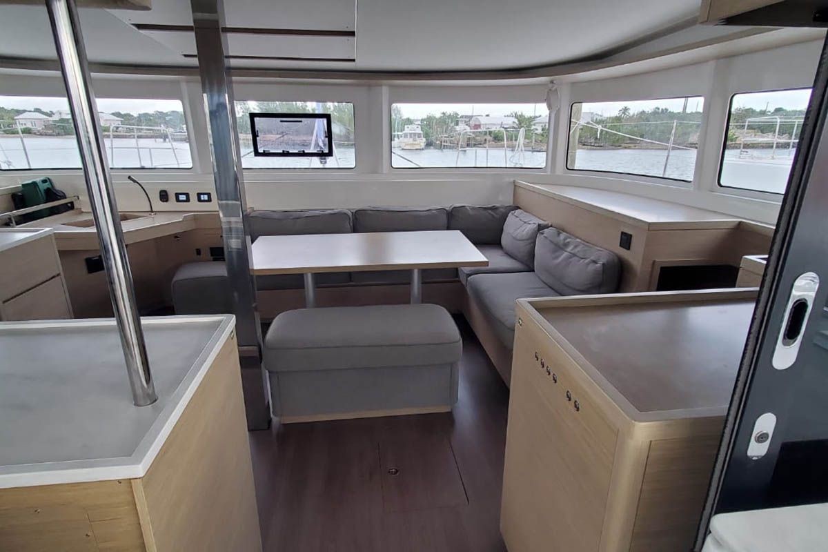 Salon of Sir Jax, a Lagoon 46 catamaran at Central Abaco, Bahamas