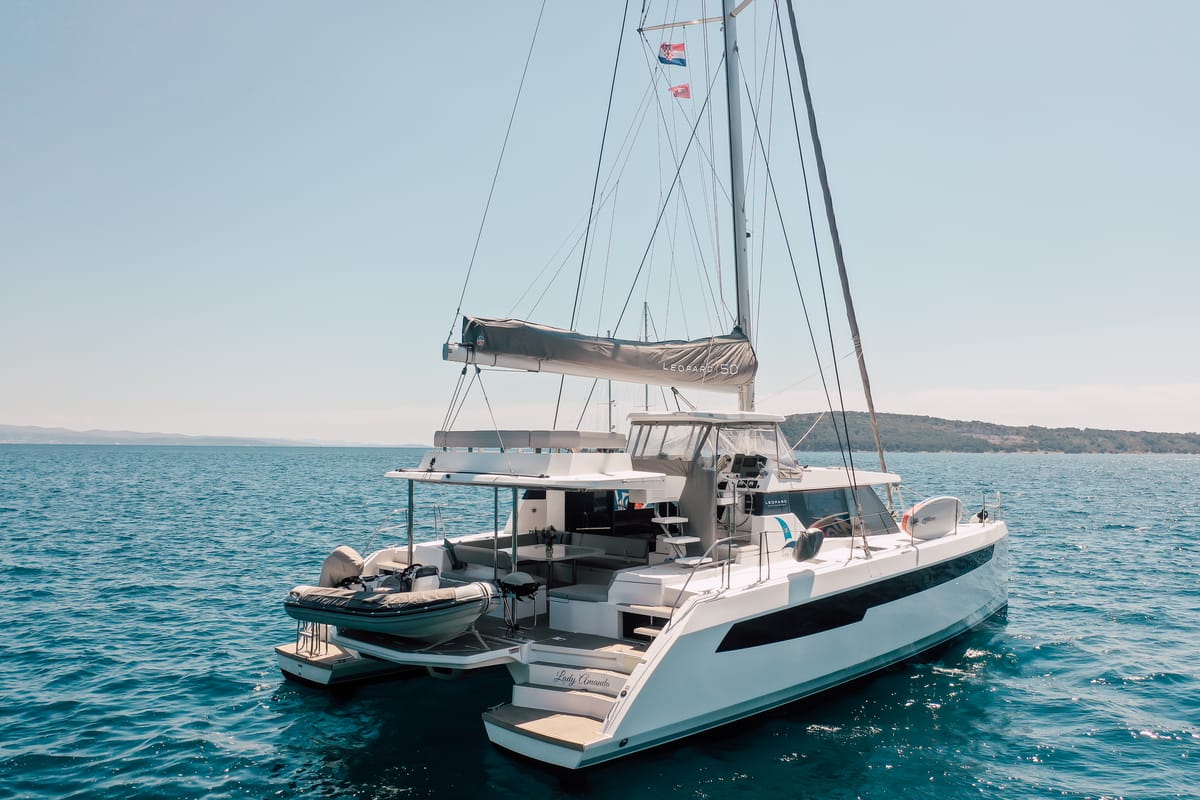 Exterior view of LADY AMANDA, a Leopard 50 catamaran at Split, Croatia