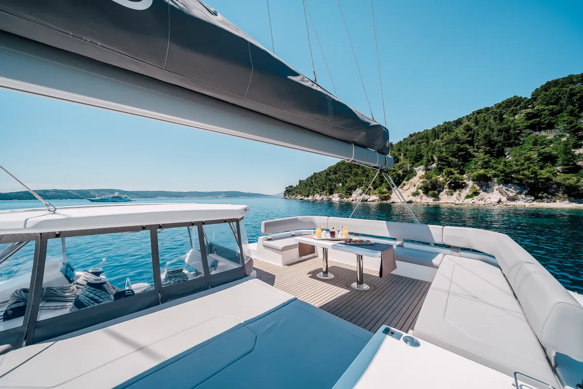 Deck of LADY AMANDA, a Leopard 50 catamaran at Split, Croatia