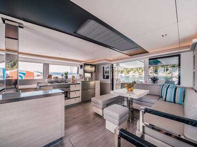 Salon of LADY AMANDA, a Leopard 50 catamaran at Split, Croatia