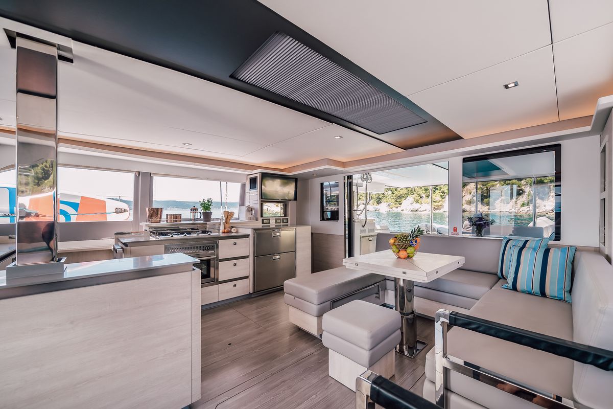 Salon of LADY AMANDA, a Leopard 50 catamaran at Split, Croatia