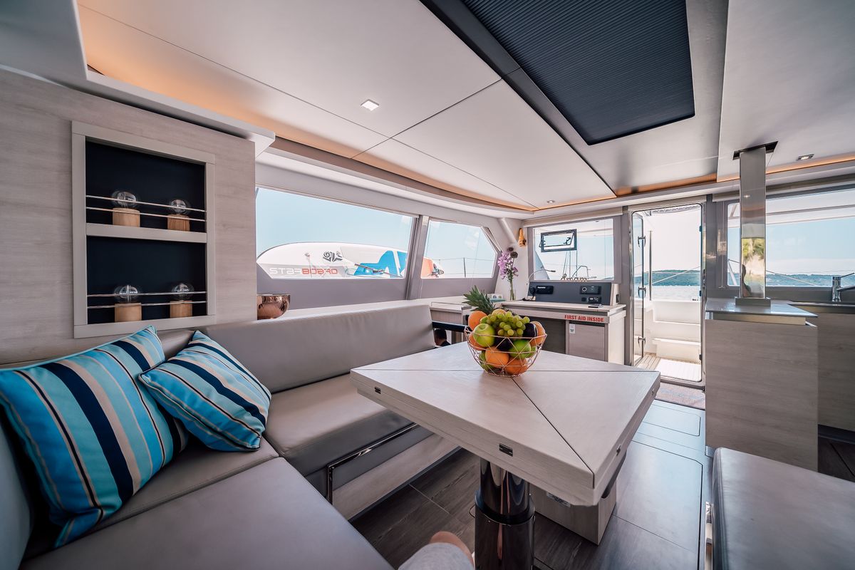 Salon of LADY AMANDA, a Leopard 50 catamaran at Split, Croatia
