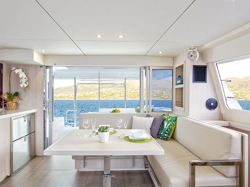 Salon of Moorings 4000/3 Club, a Leopard 40 catamaran at Eden Island Marina, Seychelles