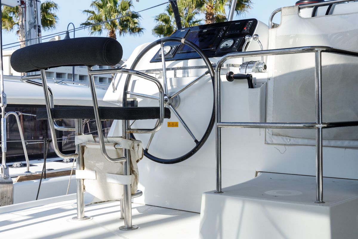Cockpit of Blade, a Lagoon 42 catamaran at Kos, Greece
