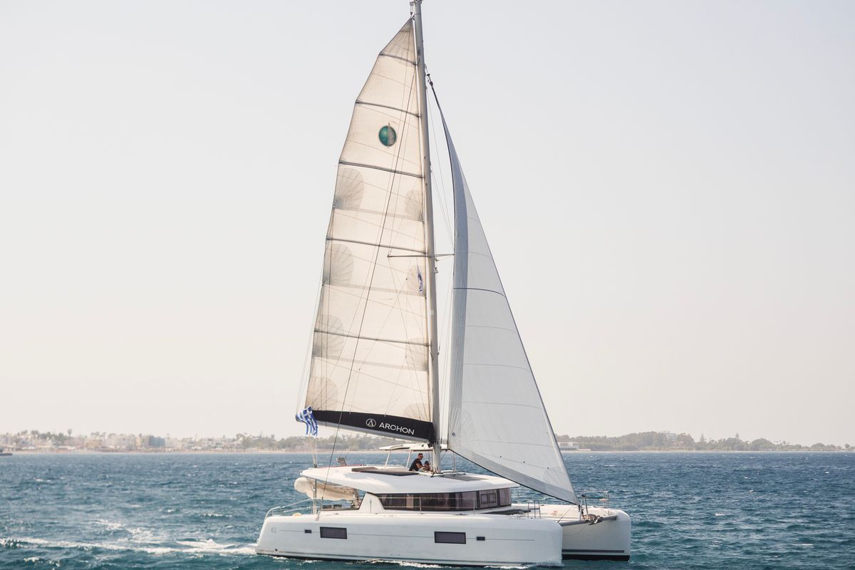 Exterior view of Blade, a Lagoon 42 catamaran at Kos, Greece