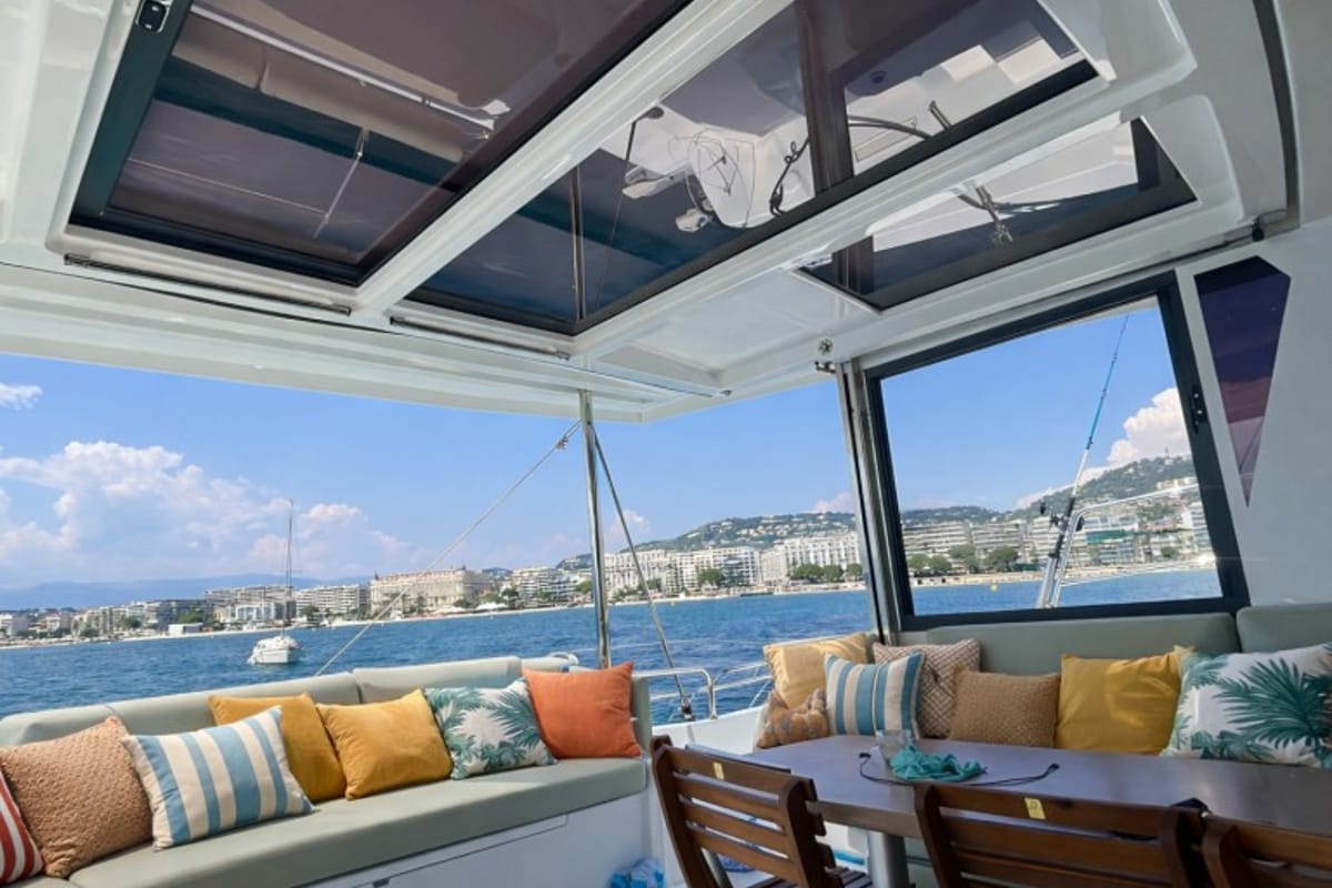 Deck of Christeol, a Bali 4.2 catamaran at Cannes, France