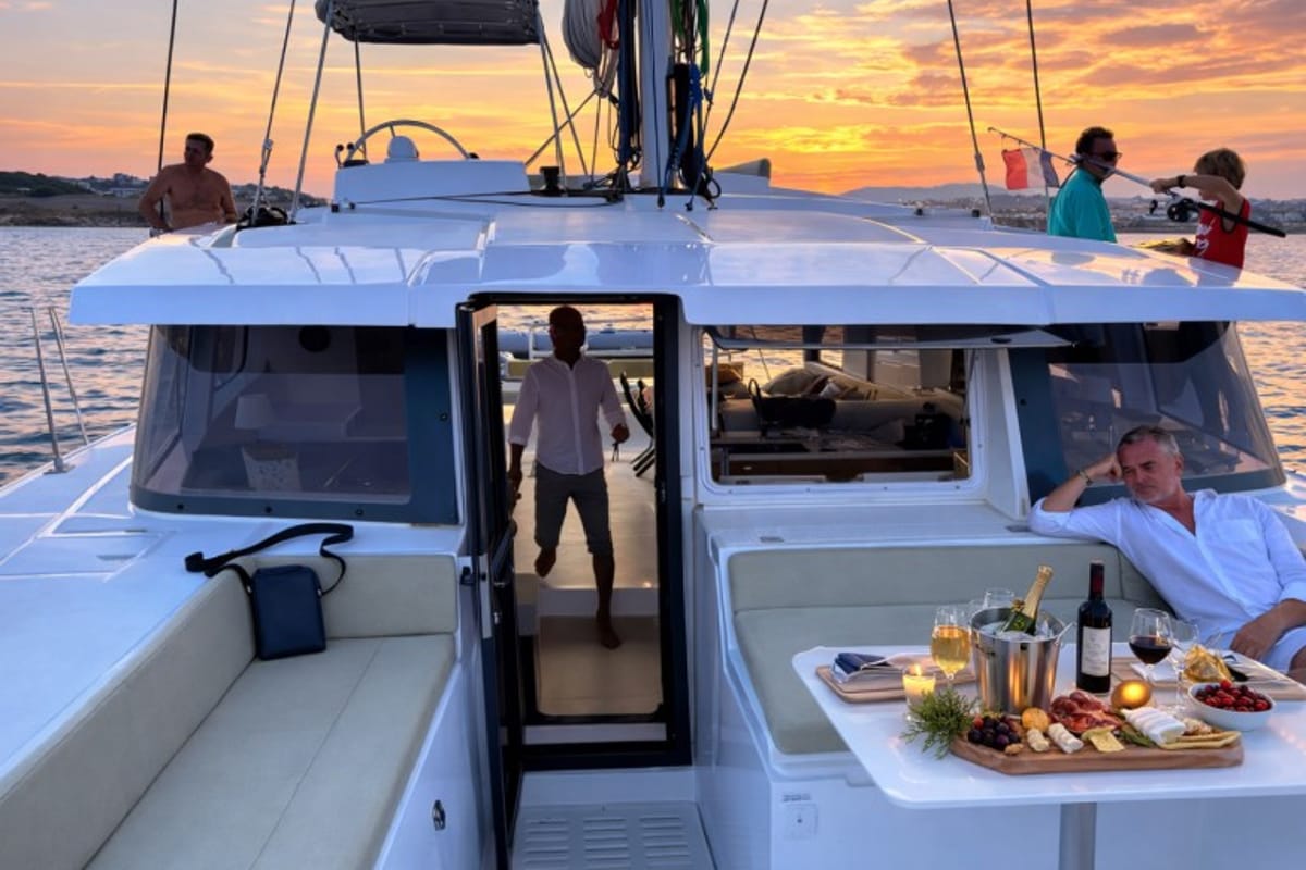 Deck of Christeol, a Bali 4.2 catamaran at Cannes, France