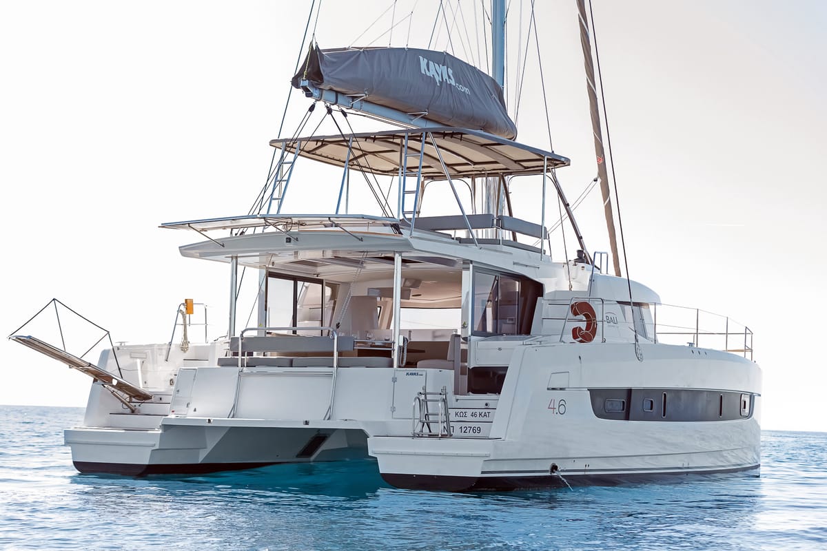 Exterior view of Kos 46.Cat6, a Bali 4.6 catamaran at Volos Municipality, Greece