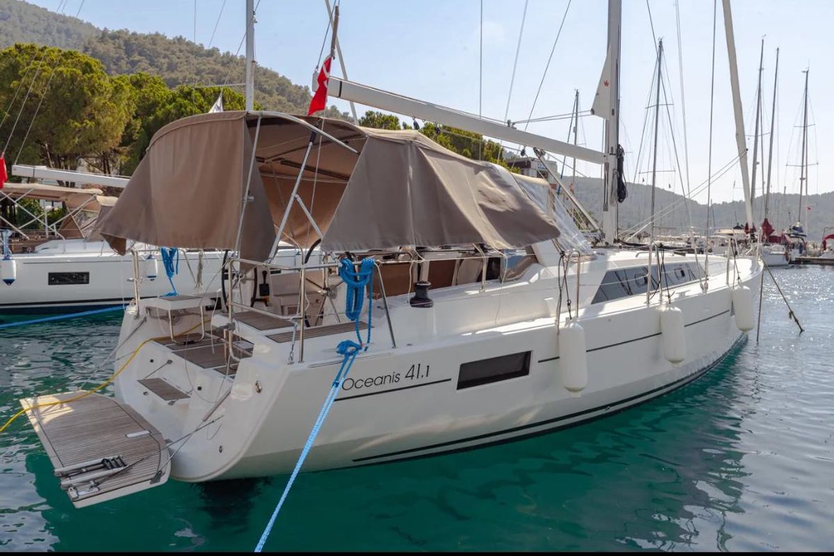 Exterior view of Sail Orion, a Beneteau Oceanis 41.1 sailboat at Marmaris, Turkey