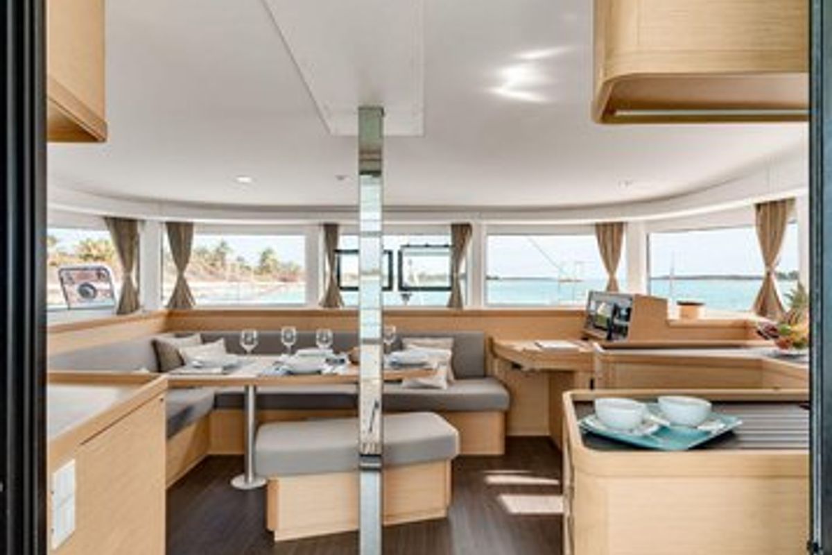 Salon of Sugar Magnolia, a Lagoon 42 catamaran at Stock Island, United States