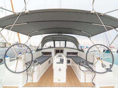 Cockpit of Mike Charlie, a Jeanneau Sun Odyssey 440 sailboat at Municipal Unit of Lefkada, Greece
