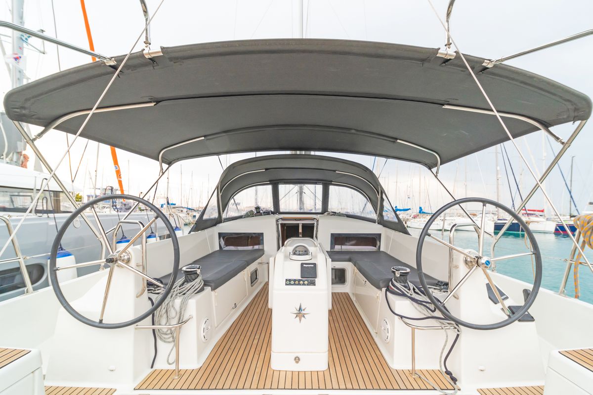 Cockpit of Mike Charlie, a Jeanneau Sun Odyssey 440 sailboat at Municipal Unit of Lefkada, Greece
