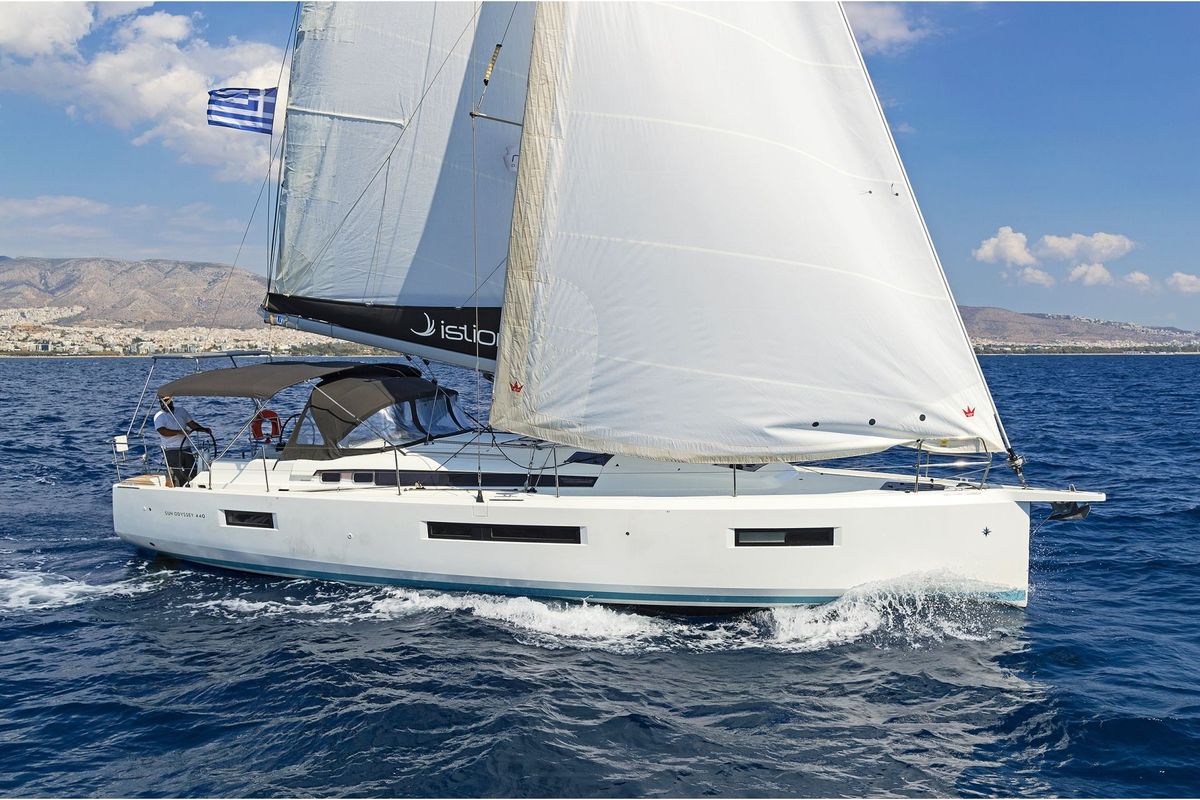 Exterior view of Mike Charlie, a Jeanneau Sun Odyssey 440 sailboat at Municipal Unit of Lefkada, Greece