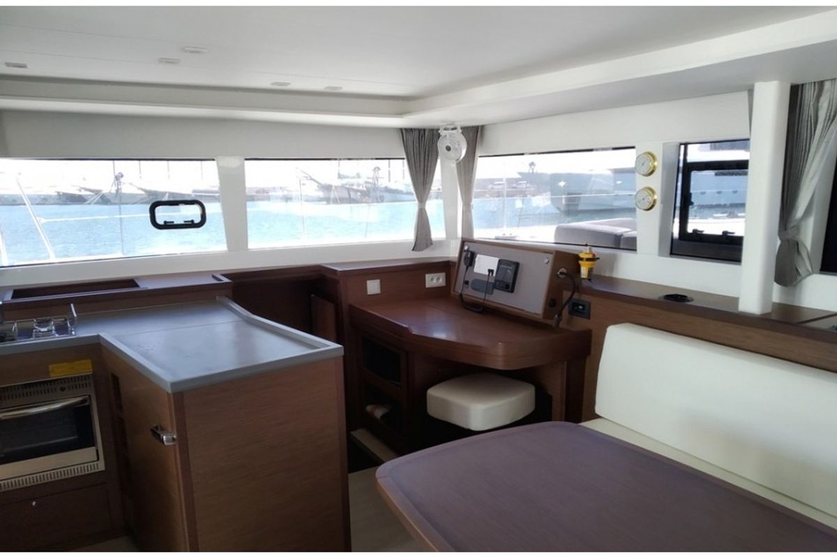 Salon of Grecostar, a Lagoon 450 Fly catamaran at Athens, Greece