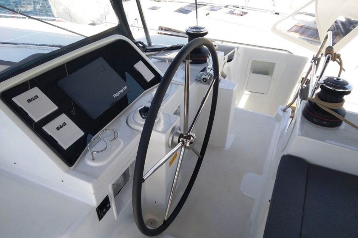 Cockpit of Grecostar, a Lagoon 450 Fly catamaran at Athens, Greece