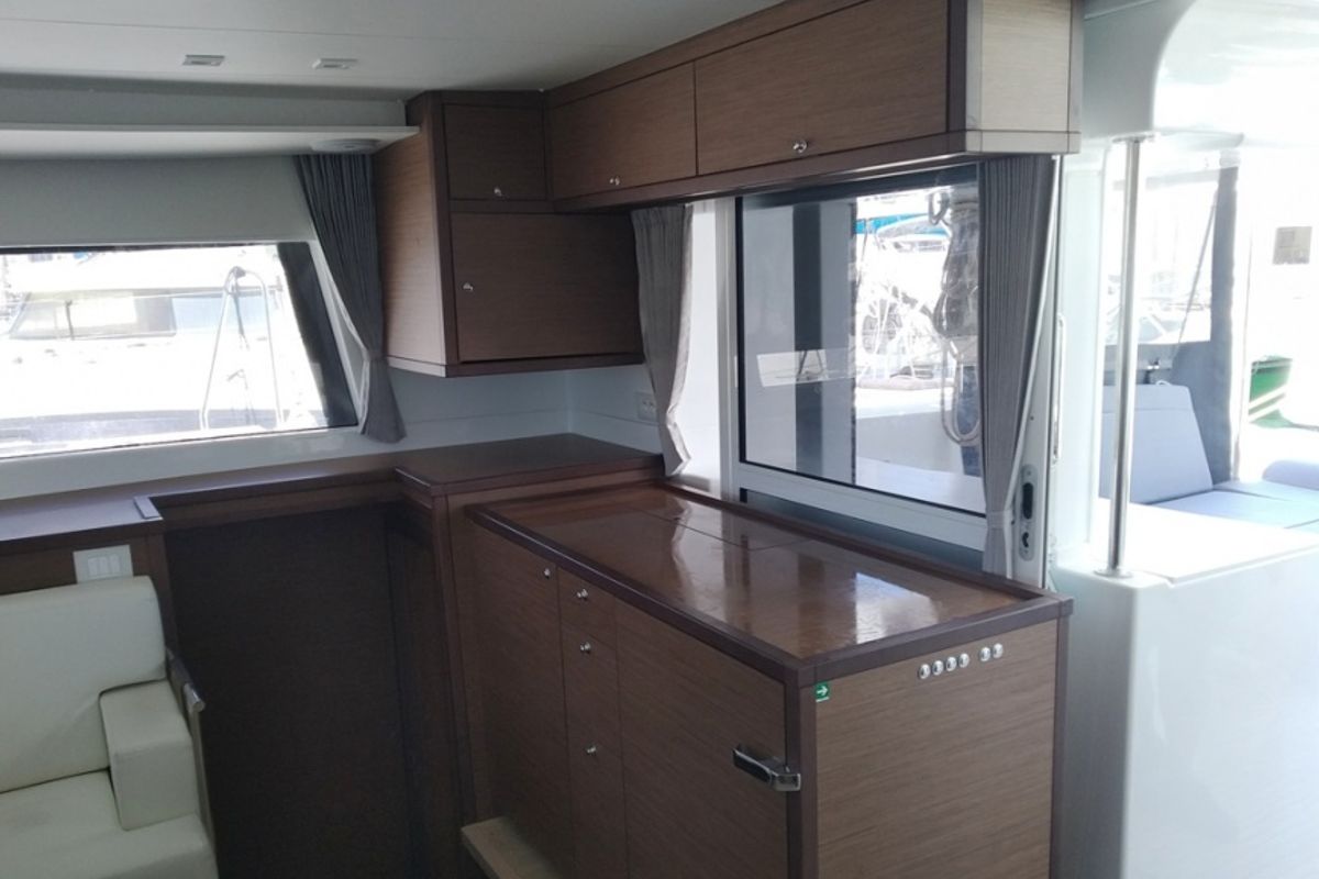 Salon of Grecostar, a Lagoon 450 Fly catamaran at Athens, Greece