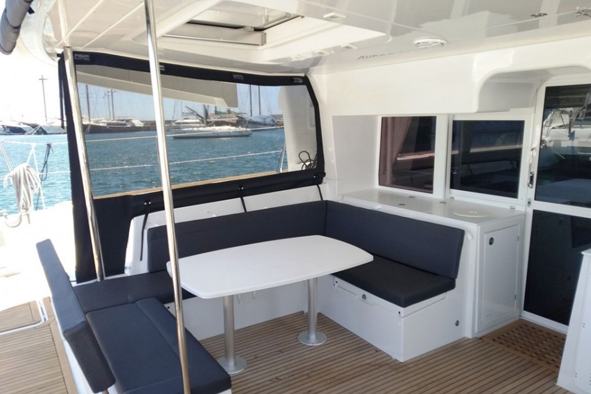 Deck of Grecostar, a Lagoon 450 Fly catamaran at Athens, Greece