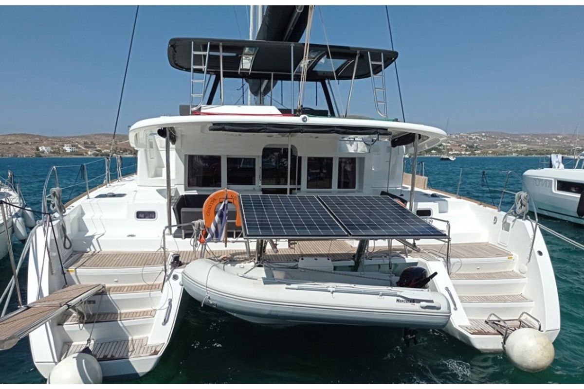 Exterior view of Grecostar, a Lagoon 450 Fly catamaran at Athens, Greece