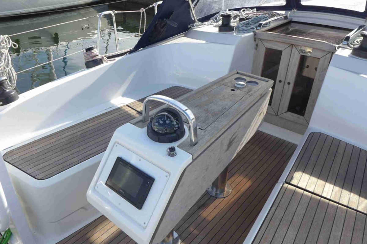 Cockpit of Blue Passion, a Bavaria Cruiser 37 sailboat at Altefähr, Germany