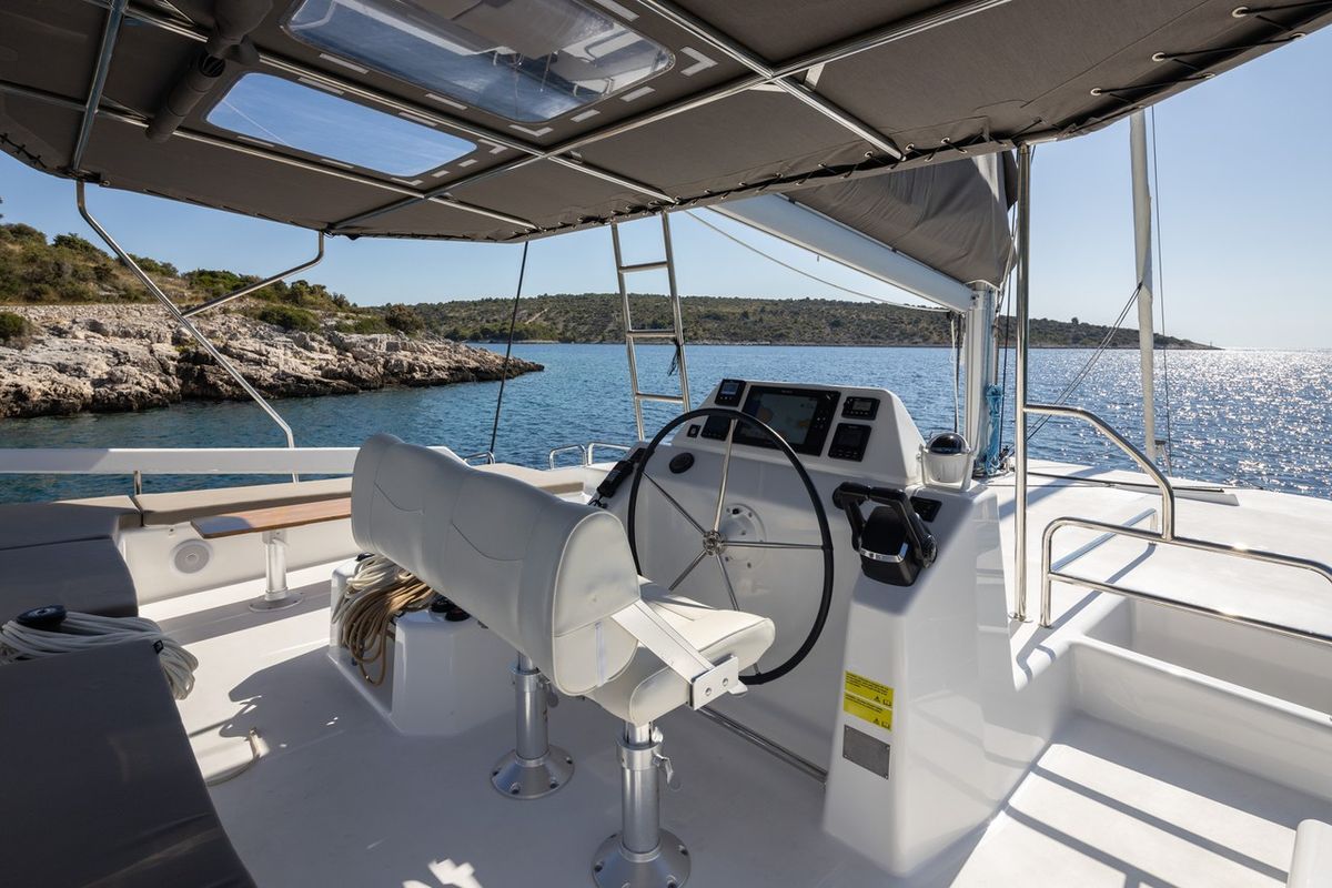Cockpit of Cat, a Dufour 48 Catamaran catamaran at Primošten, Croatia