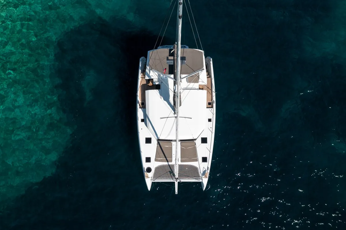 Exterior view of Cat, a Dufour 48 Catamaran catamaran at Primošten, Croatia