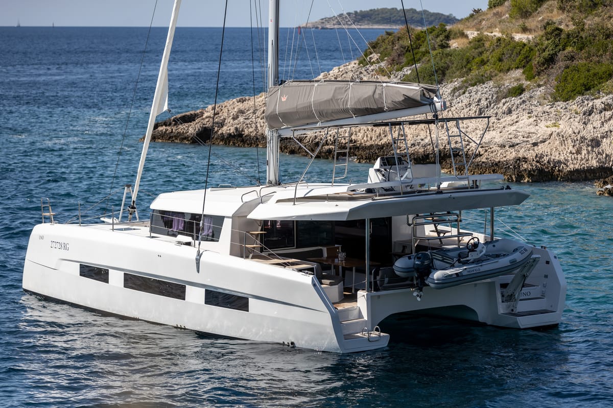 Exterior view of Cat, a Dufour 48 Catamaran catamaran at Primošten, Croatia