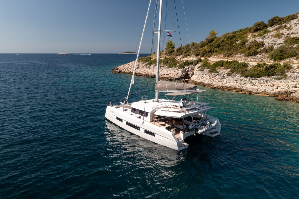 Exterior view of Cat, a Dufour 48 Catamaran catamaran at Primošten, Croatia