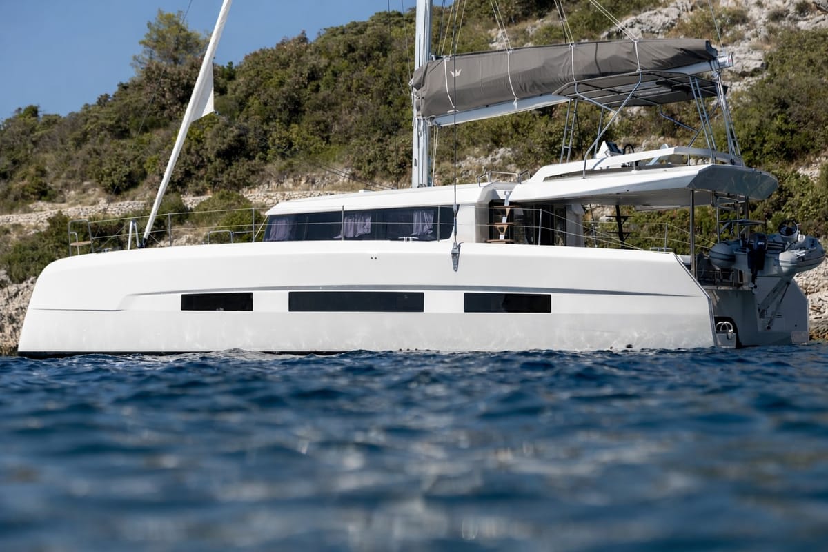 Exterior view of Cat, a Dufour 48 Catamaran catamaran at Primošten, Croatia