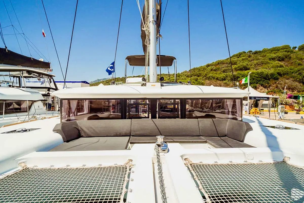 Deck of Emoseaon, a Lagoon 450 F catamaran at Municipal Unit of Lefkada, Greece