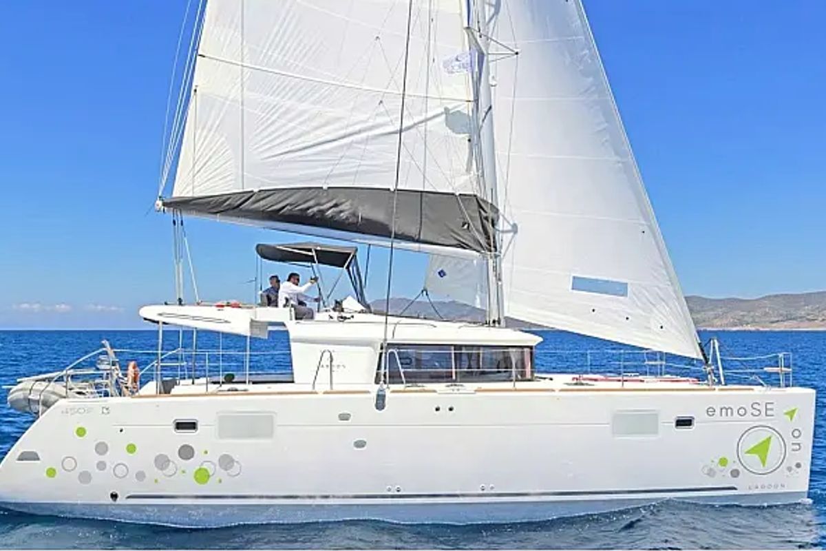 Exterior view of Emoseaon, a Lagoon 450 F catamaran at Municipal Unit of Lefkada, Greece